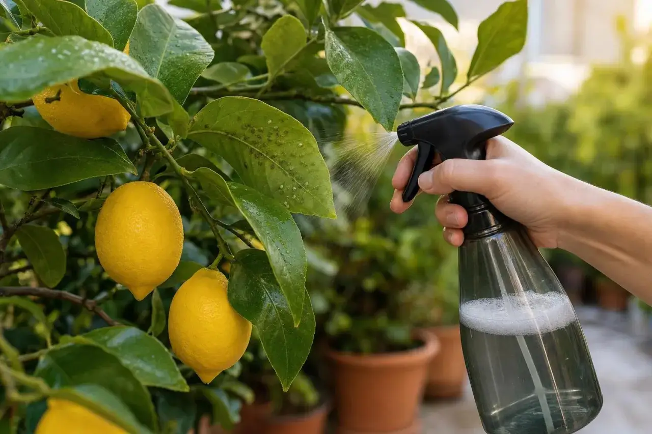 Maintenant, le citronnier est traité avec du savon noir pour chasser les pucerons.