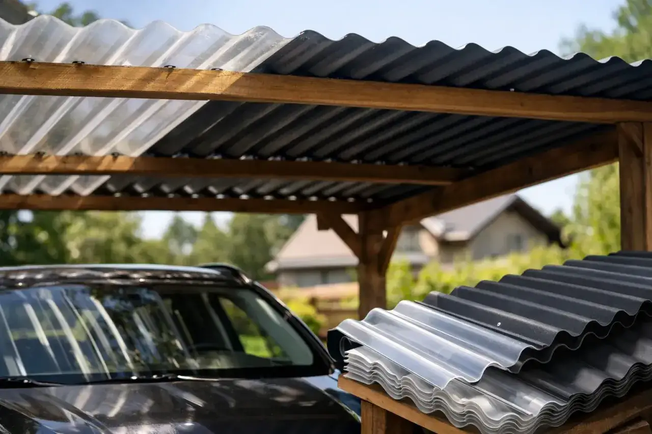 Stapel von GFK Dachplatten, transparent und dunkelgrau, unter einem Holzcarport.