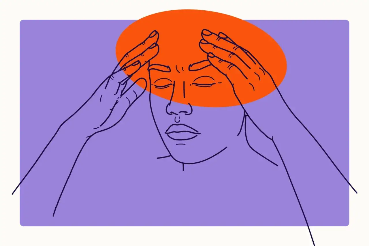 Visage aux mains sur les tempes, symbolisant les maux de tête. L'orange vif sur le violet crée un contraste saisissant.