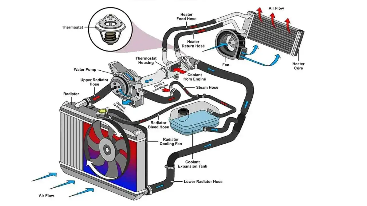 Sch&eacute;ma du syst&egrave;me de refroidissement d'une voiture, montrant le radiateur, la pompe &agrave; eau, le thermostat et le radiateur de chauffage pour le chauffage voiture electrique.