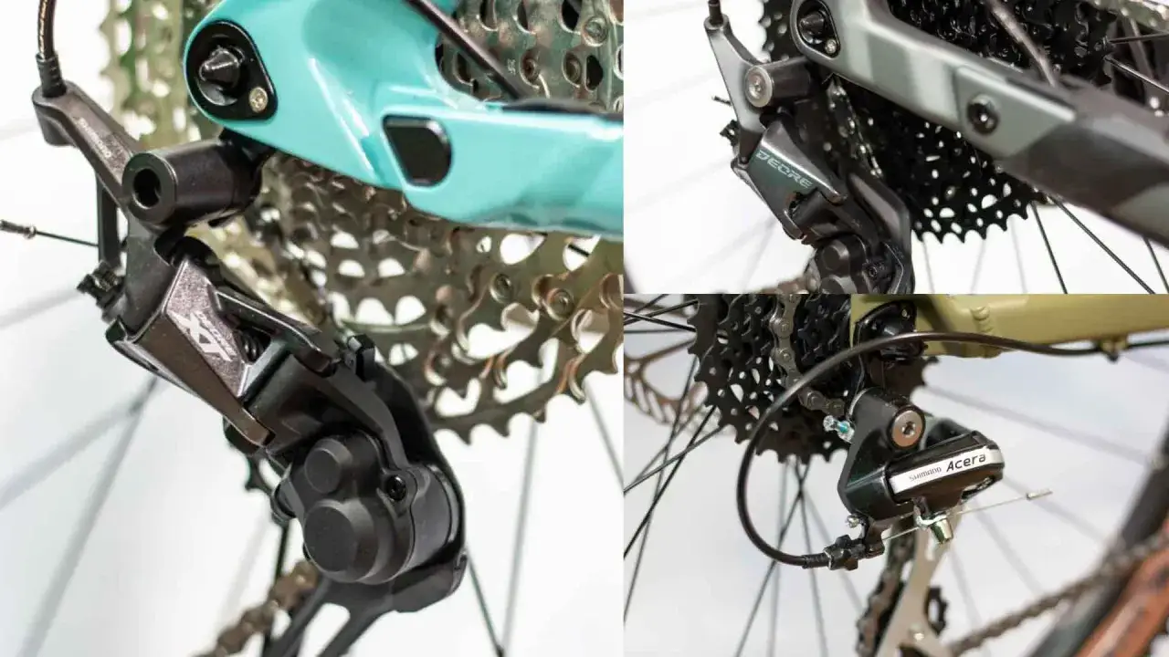 Zbliżenia przerzutek rowerowych: Shimano XT, Deore i Acera. Różne grupy Shimano w akcji.
