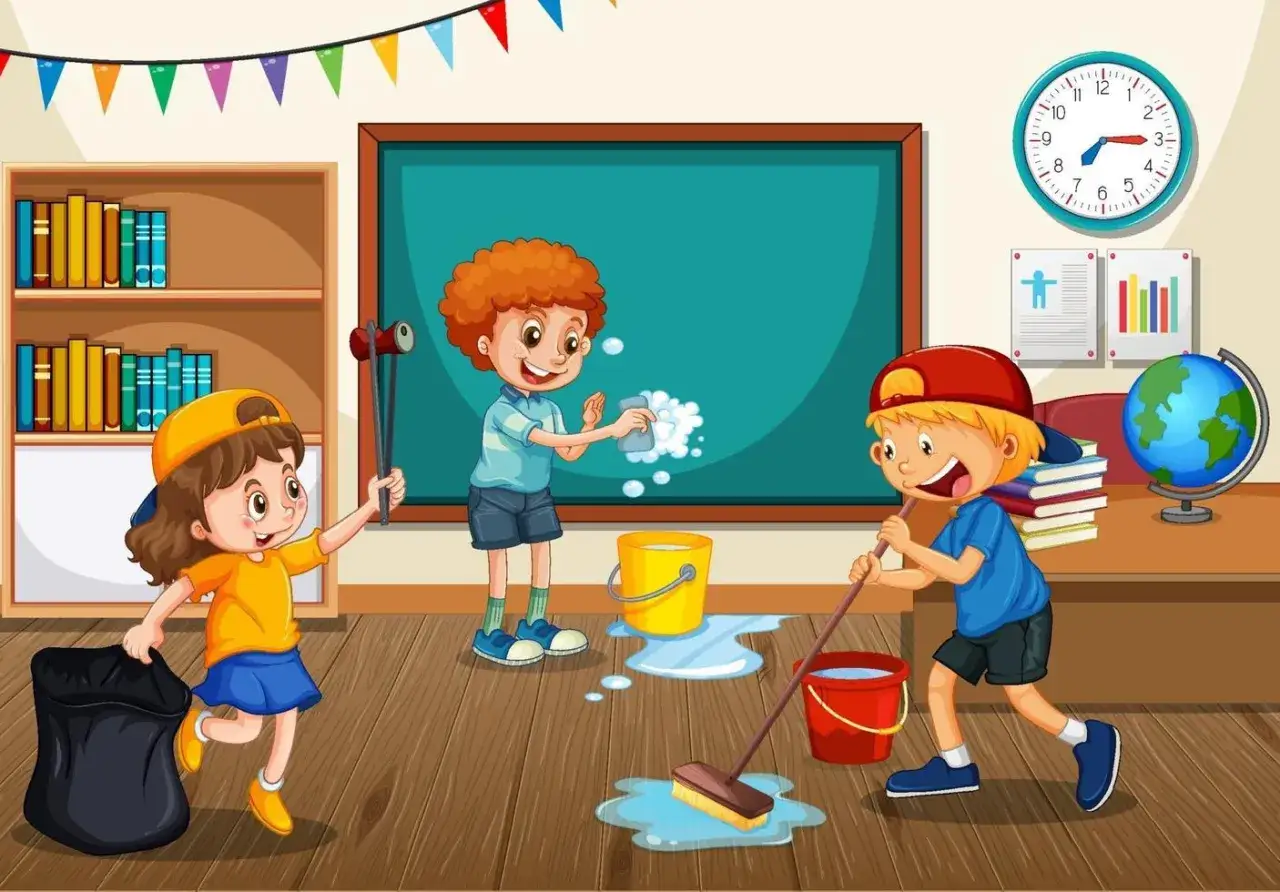 Ni&ntilde;os encargados de clase para imprimir, limpian el aula con cubos y escobas, uno limpia la pizarra.