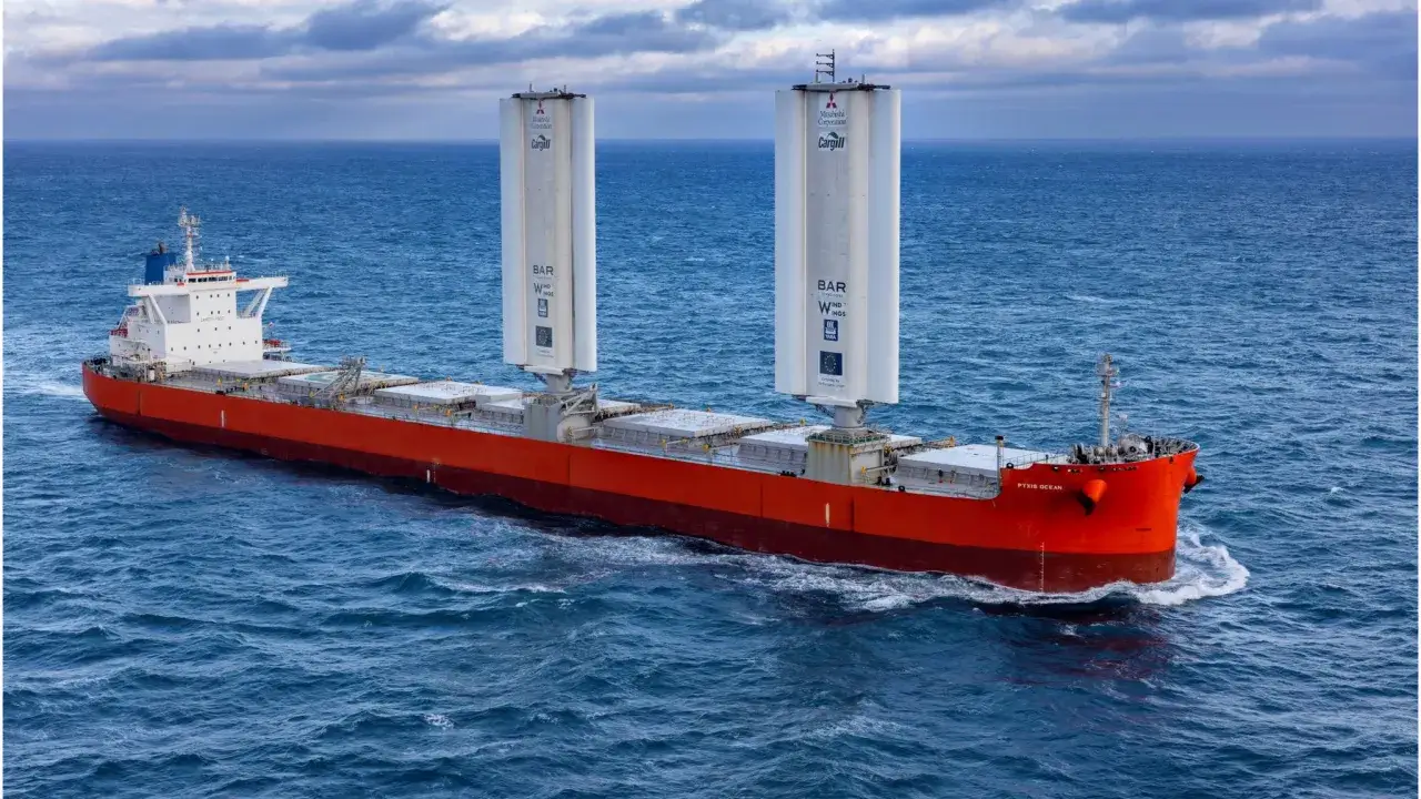 Großfrachter mit zwei riesigen Rotorsegeln für umweltfreundliches tailwind shipping auf offener See.