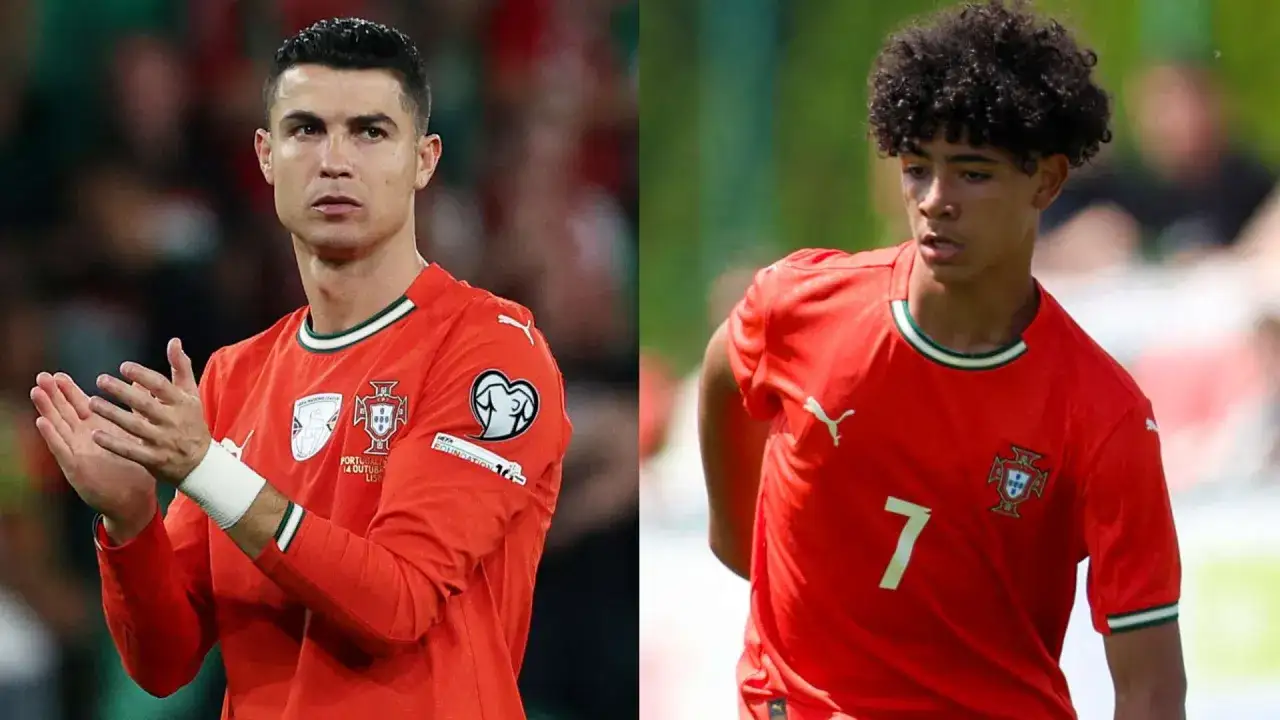 Cristiano Ronaldo i jego syn, cr7 jr., w czerwonych koszulkach reprezentacji Portugalii.