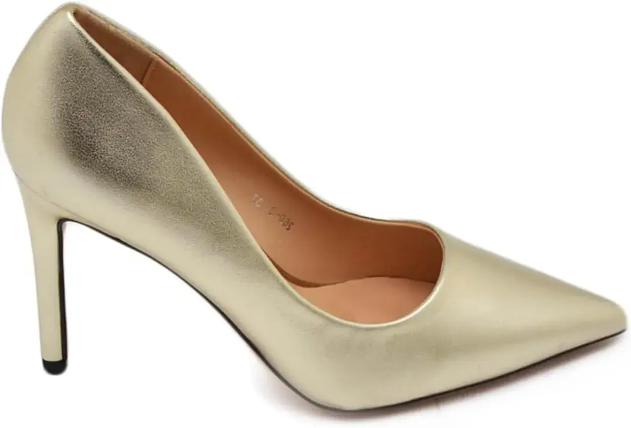 Scarpe donna oro con tacco a spillo e punta affilata, perfette per un look elegante e scintillante.