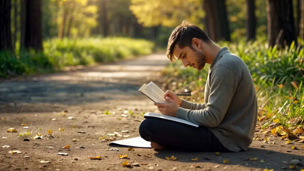 Hombre joven sentado en un camino, concentrado en escribir un diario. La luz del sol se filtra entre los &aacute;rboles, creando un ambiente sereno.