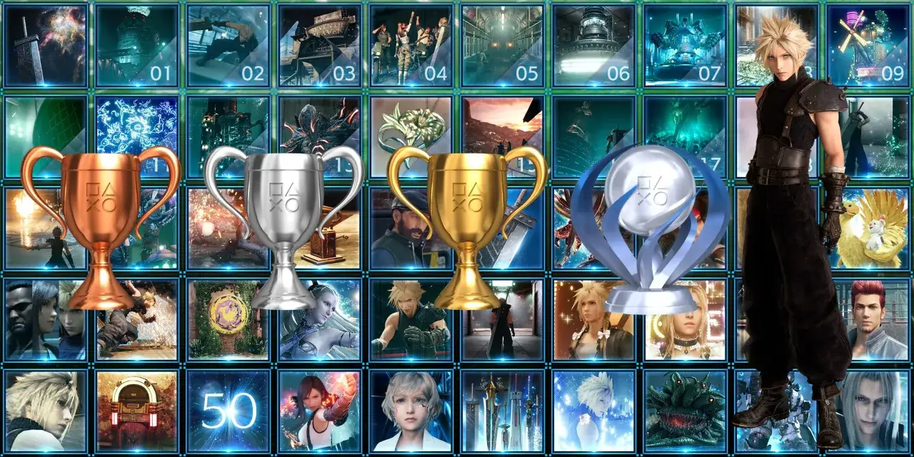 Trofeos de bronce, plata, oro y platino de Final Fantasy VII Remake. Imágenes de Cloud, Tifa, Aeris y otros personajes.