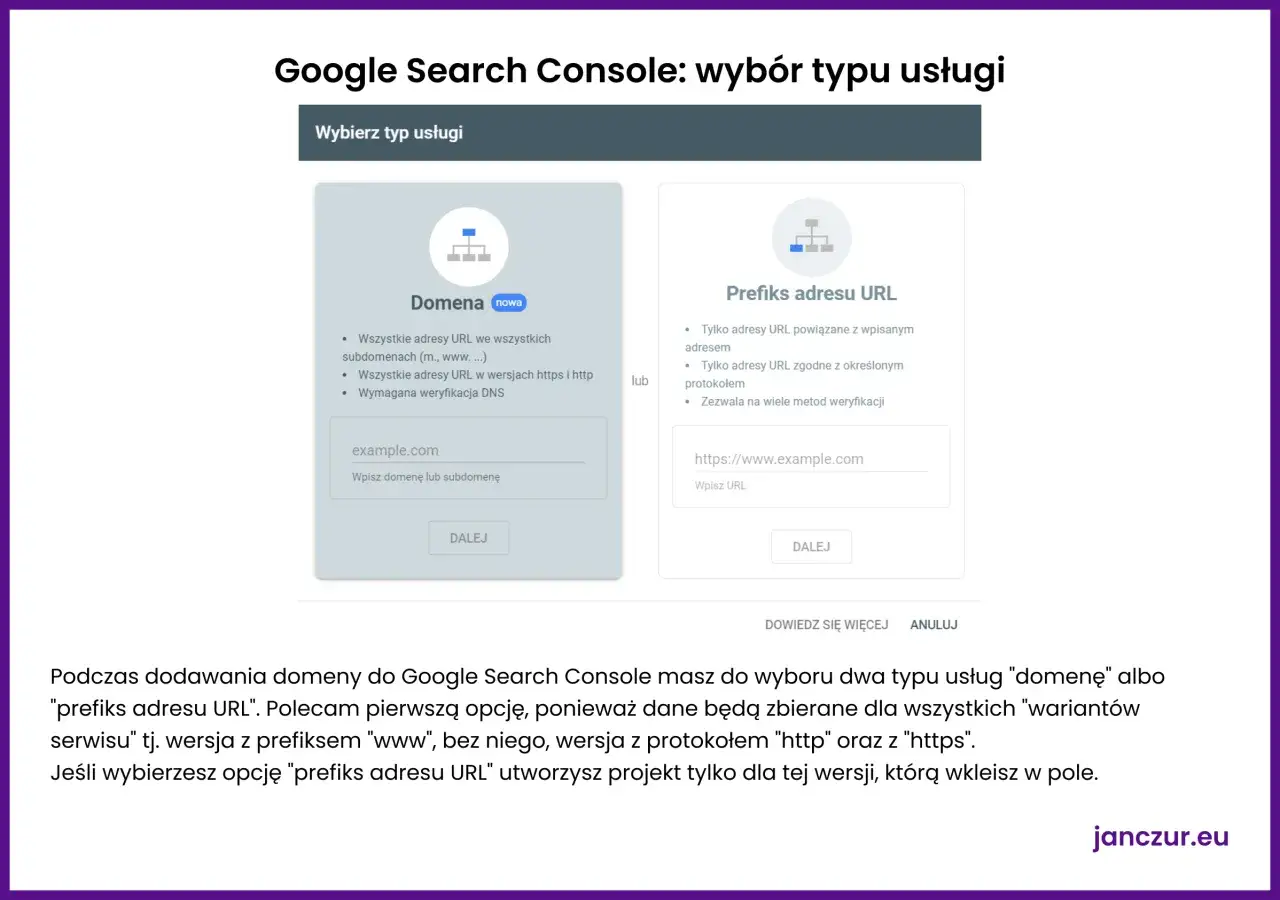 Wyb&oacute;r typu usługi w Google Search Console: 
