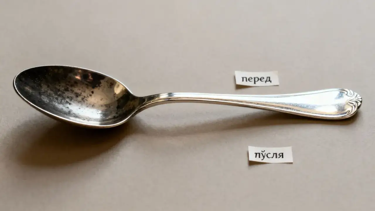 Srebrna łyżka przed i po wypolerowaniu. Dowiedz się, czym wypolerować srebro, by odzyskało blask.