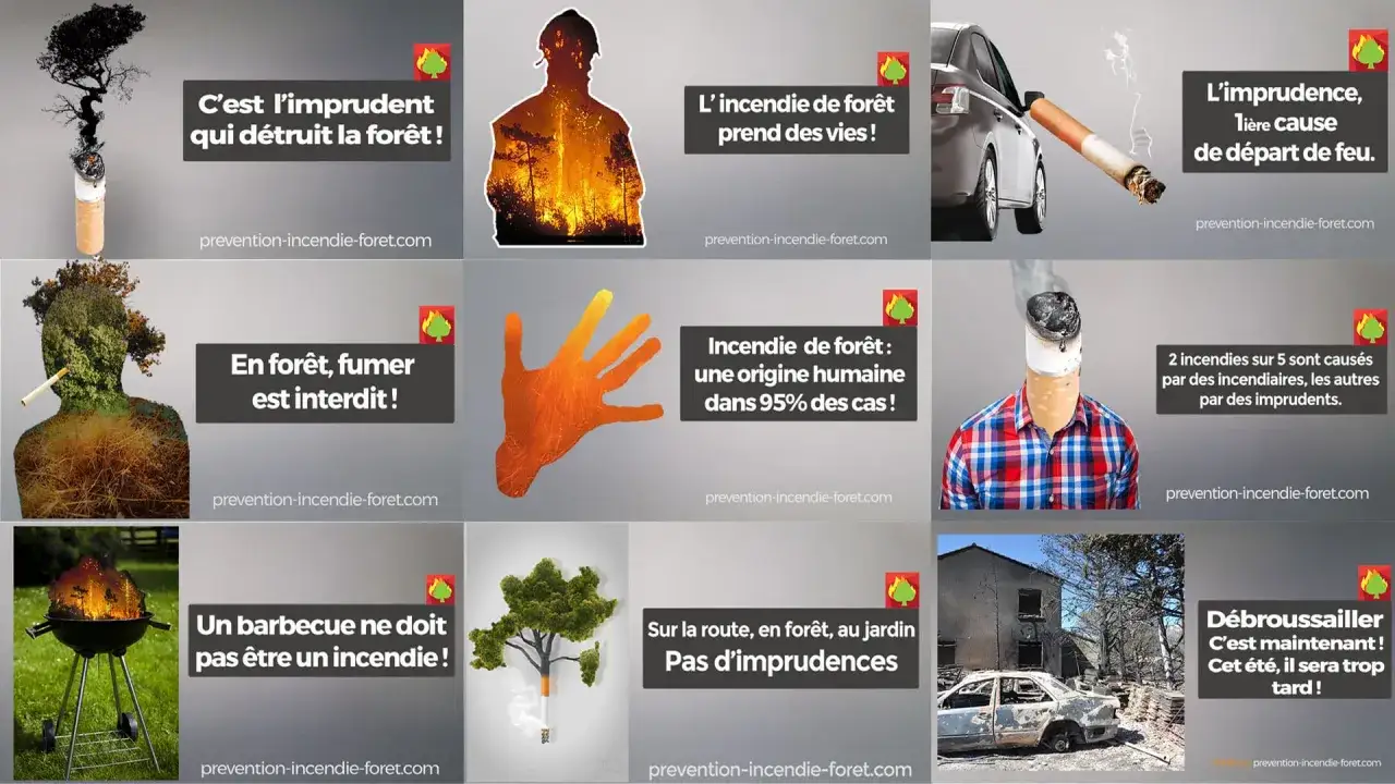 Collage d'images sur la pr&eacute;vention des incendies de for&ecirc;t. Le **r&egrave;glement incendie** rappelle que l'imprudence est la cause principale.