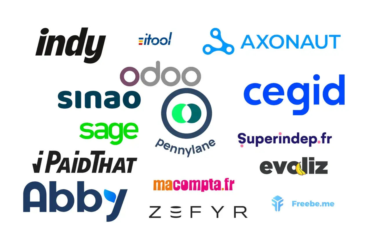 Logos de logiciels comptables les plus utilisés : Indy, Odoo, Sage, Cegid, Pennylane, etc.