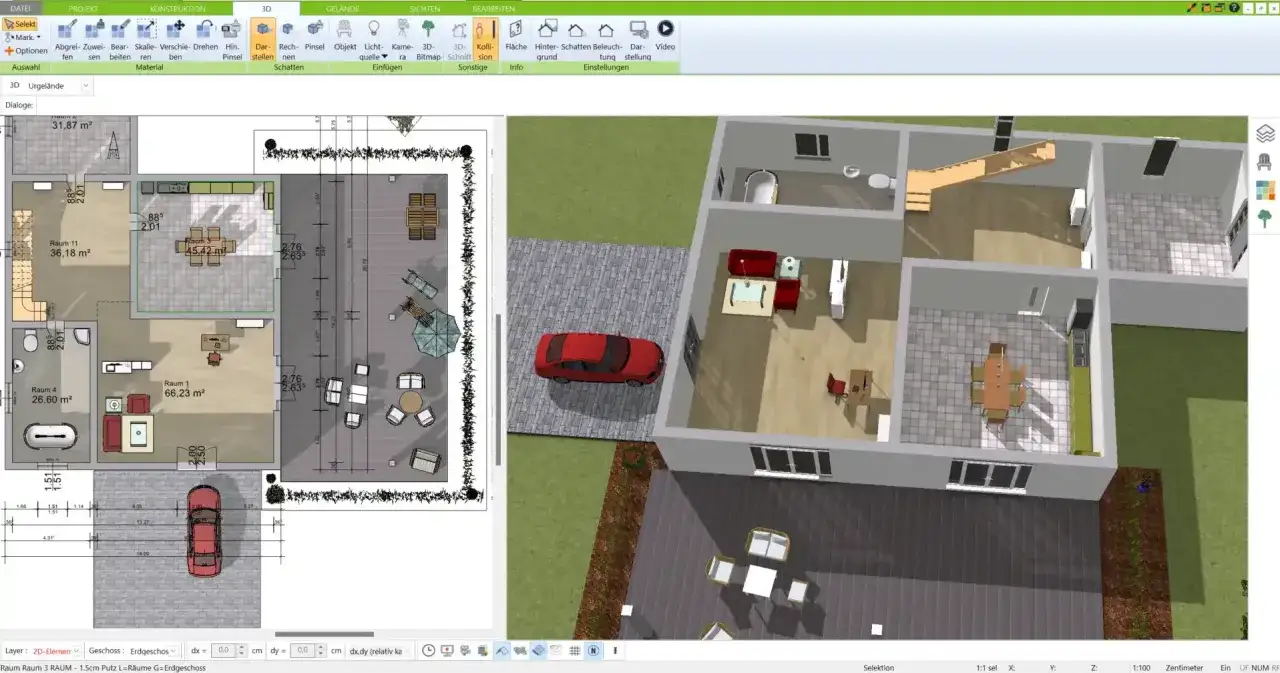 3D-Plan eines modernen **Atrium Hauses** mit Innenhof, roten Auto und Gartenmöbeln.
