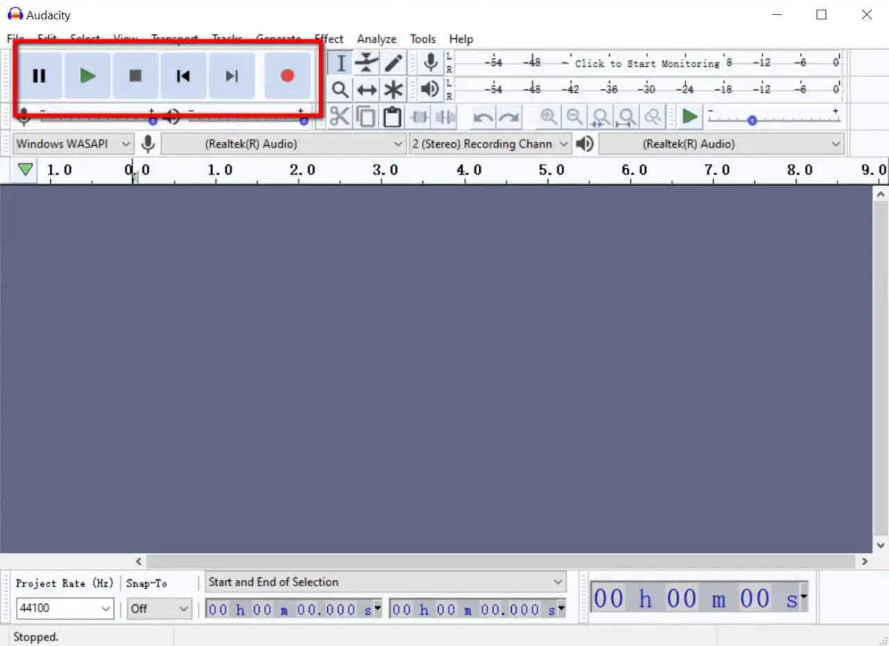 Pasek narzędzi programu Audacity po polsku: przyciski stop, odtwarzaj, nagrywaj i inne.