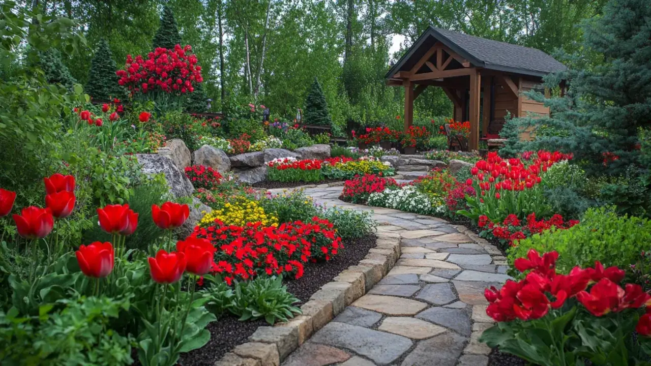 Un sentier de pierres serpente &agrave; travers un jardin luxuriant, bord&eacute; de tulipes rouges &eacute;clatantes et d'autres fleurs color&eacute;es. Une petite cabane en bois se dresse &agrave; l'arri&egrave;re-plan.