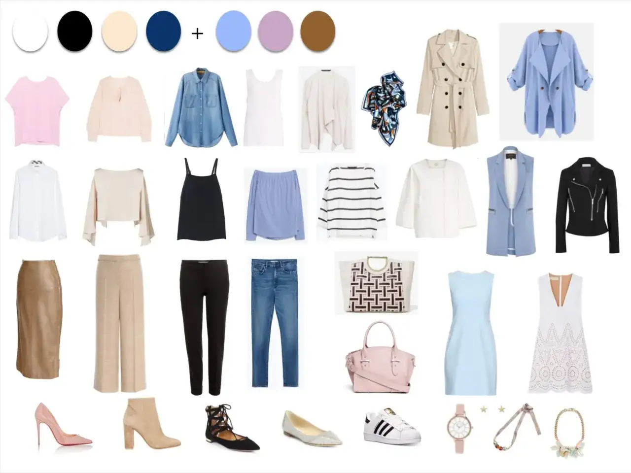 Conjunto de ropa y accesorios para crear looks versátiles. Incluye prendas básicas, abrigos, pantalones, faldas, vestidos, zapatos y bolsos, perfectos para renovar tus fondos de armario.