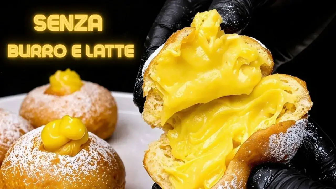 Un goloso bombolone alla crema, soffice e ripieno, senza burro e latte.