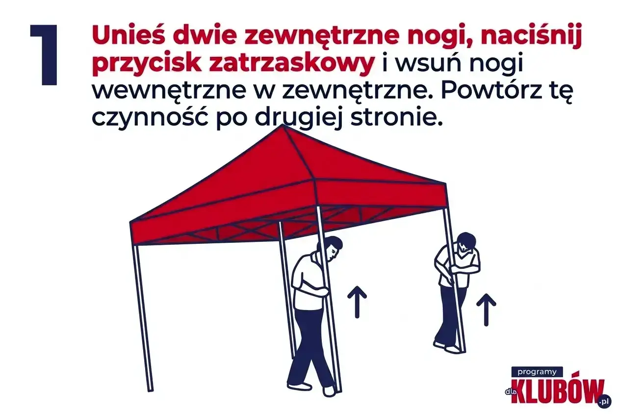 Instrukcja: jak rozłożyć namiot. Podnieś nogi, naciśnij zatrzask i wsuń. Powt&oacute;rz po drugiej stronie.