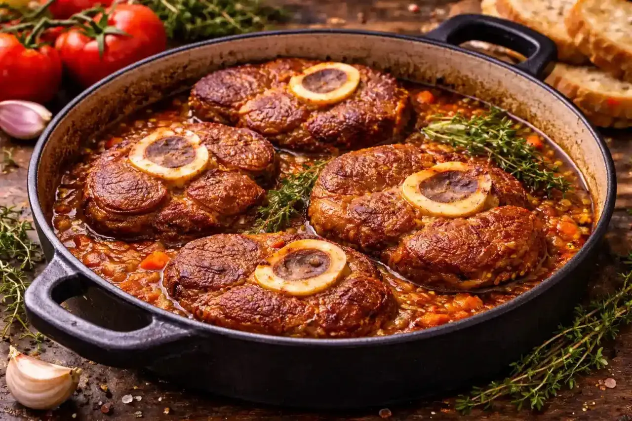 Cuatro rodajas de ossobuco que es un plato italiano, cocinándose en una salsa con verduras y hierbas.