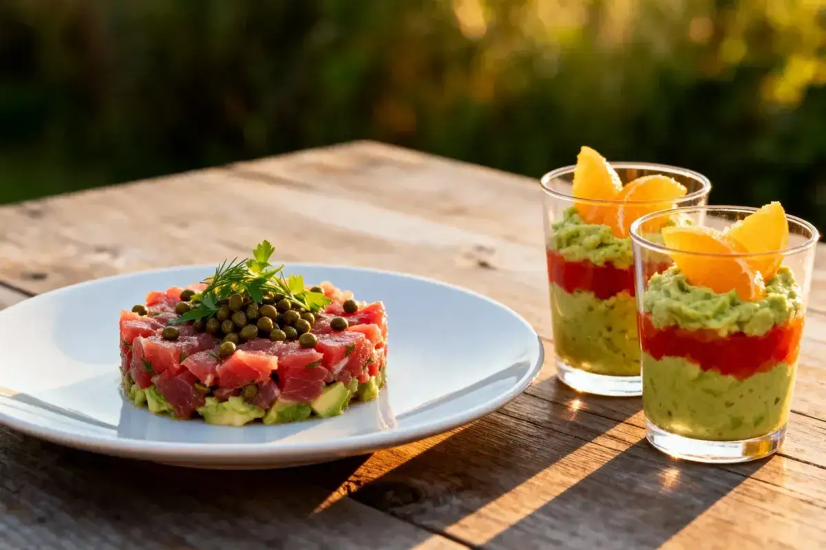 Un tartare de thon frais et des verrines avocat-tomate, une d&eacute;licieuse entr&eacute;e froide.