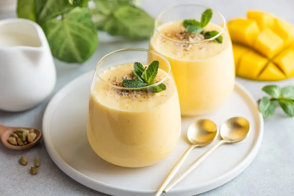 Dwa orzeźwiające mango lassi z pulpy, udekorowane miętą i posypką. Obok leży pokrojony owoc mango i łyżeczki.