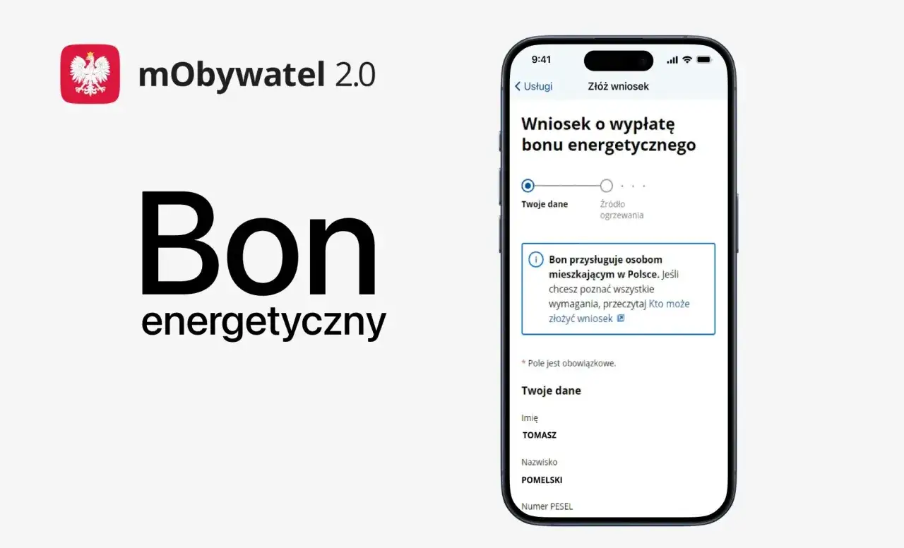 Aplikacja mObywatel 2.0 umożliwia złożenie wniosku o bon energetyczny 2025. Widoczny jest ekran z danymi wnioskodawcy.