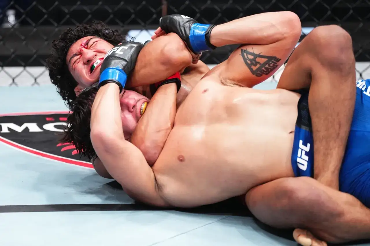 Tv&aring; MMA-fighters i en intensiv kamp. En k&auml;mpe, med blod i ansiktet, pressas mot mattan av sin motst&aring;ndare. Gleison Tibau visar sin styrka.