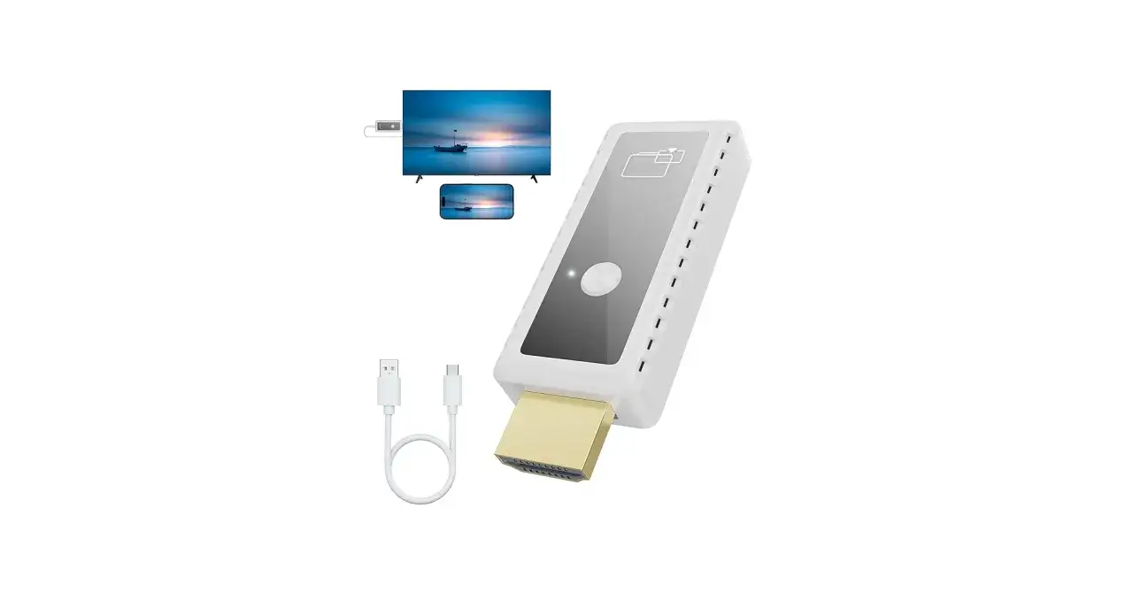 Adaptador para duplicar pantalla m&oacute;vil en PC o TV. Incluye cables USB y Type-C.