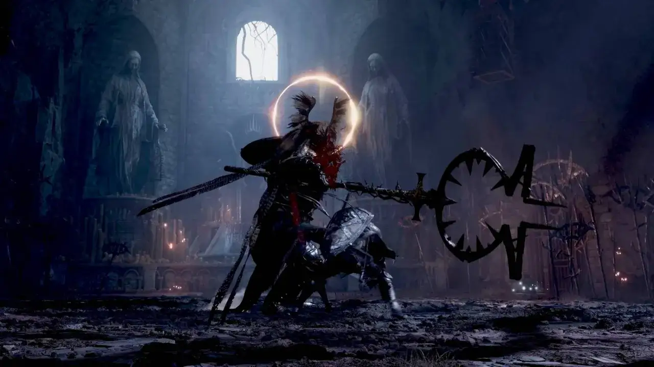 Un guerrero con un halo dorado lucha en un templo oscuro. Un vistazo a la acción en el lords of the fallen analisis.