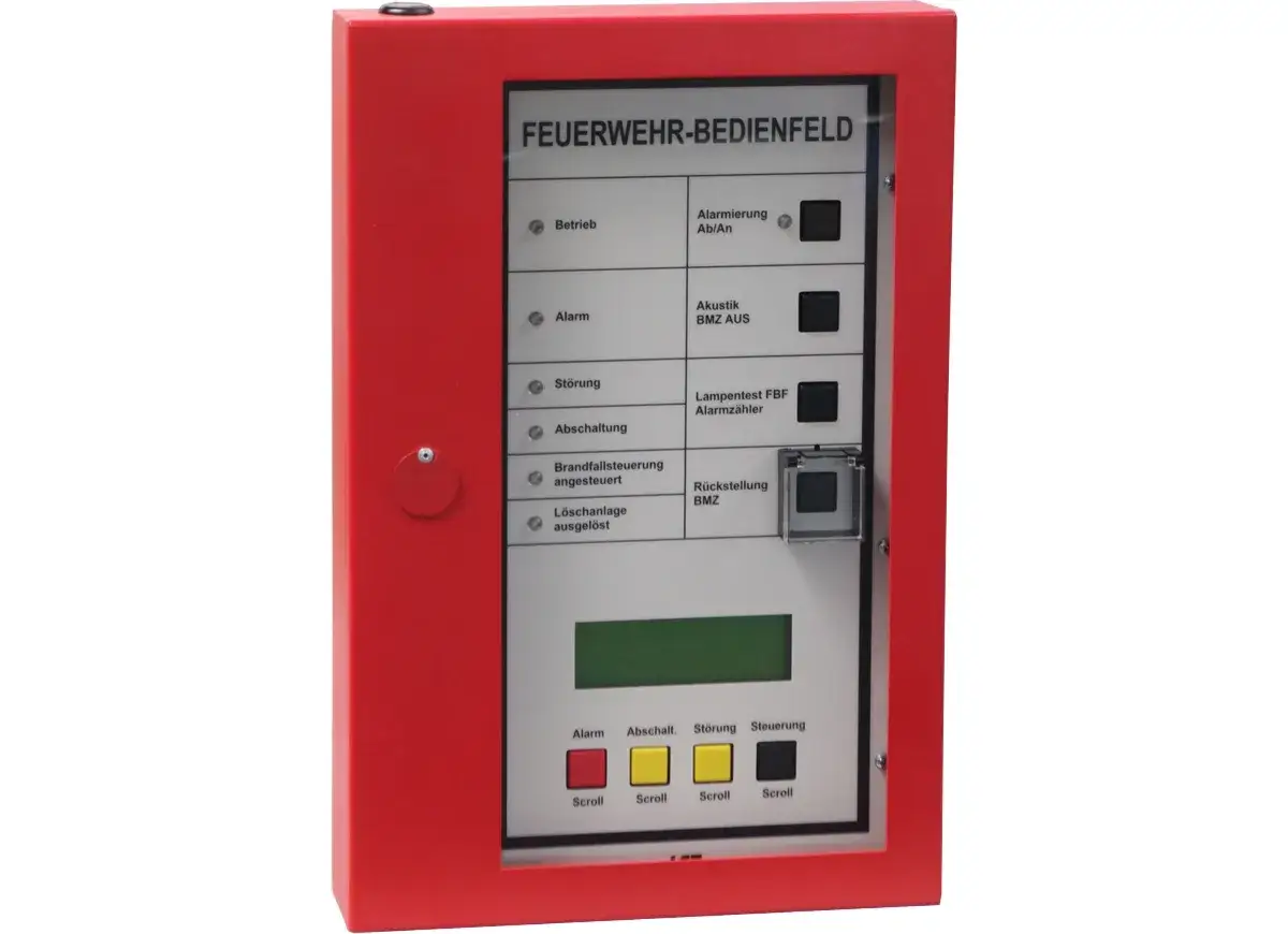 Rotes Feuerwehr-Bedienfeld mit Anzeigen für Betrieb, Alarm, Störung und Abschaltung. Die BMZ-Funktionen sind klar beschriftet.