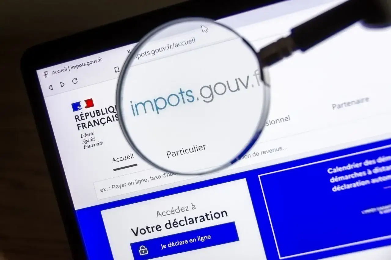 Loupe sur le site impots.gouv.fr, affichant la page d'accueil pour la d&eacute;claration en ligne. Le mot 