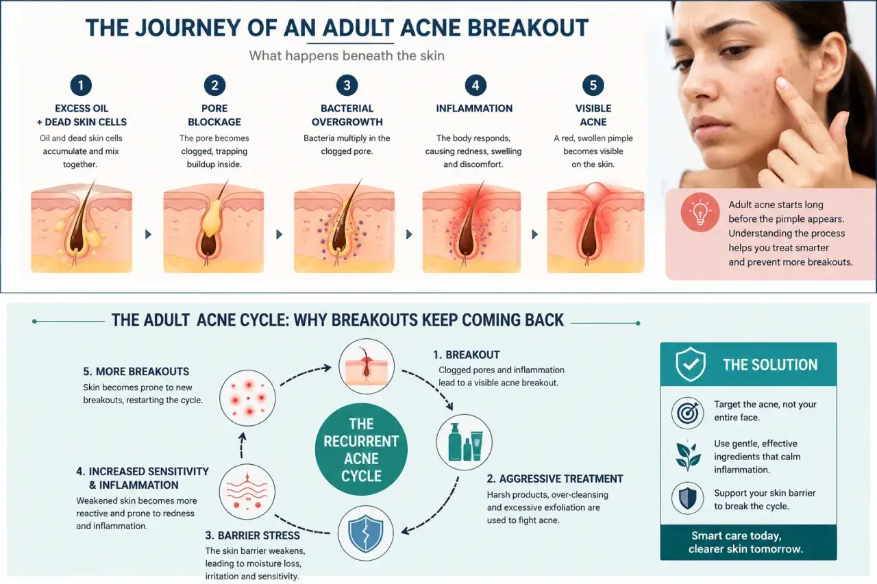 Le cause dell'acne in età adulta: eccesso di sebo, pori ostruiti, batteri, infiammazione e infine il brufolo visibile. Il ciclo si ripete.
