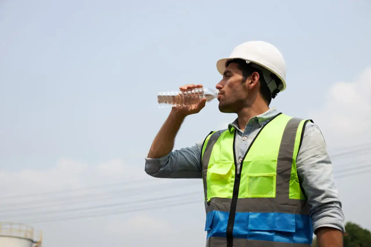 Bauarbeiter trinkt Wasser, um sich bei Hitze auf der Baustelle zu erfrischen.