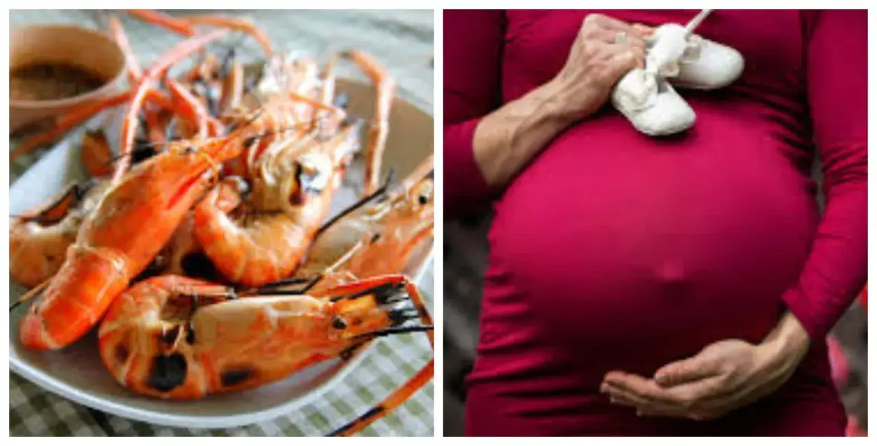 Grillowane krewetki na talerzu obok brzucha ciężarnej kobiety trzymającej buciki.