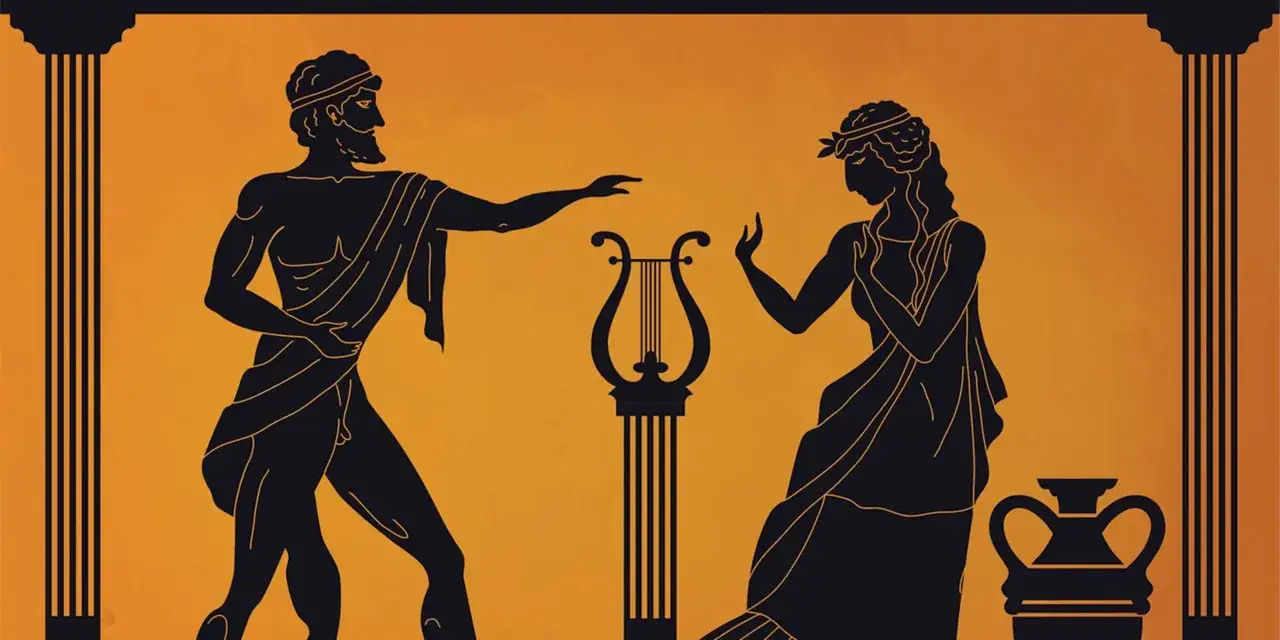 Stylizowana scena z mitologii greckiej: mężczyzna z lirą i kobieta w wazonie.