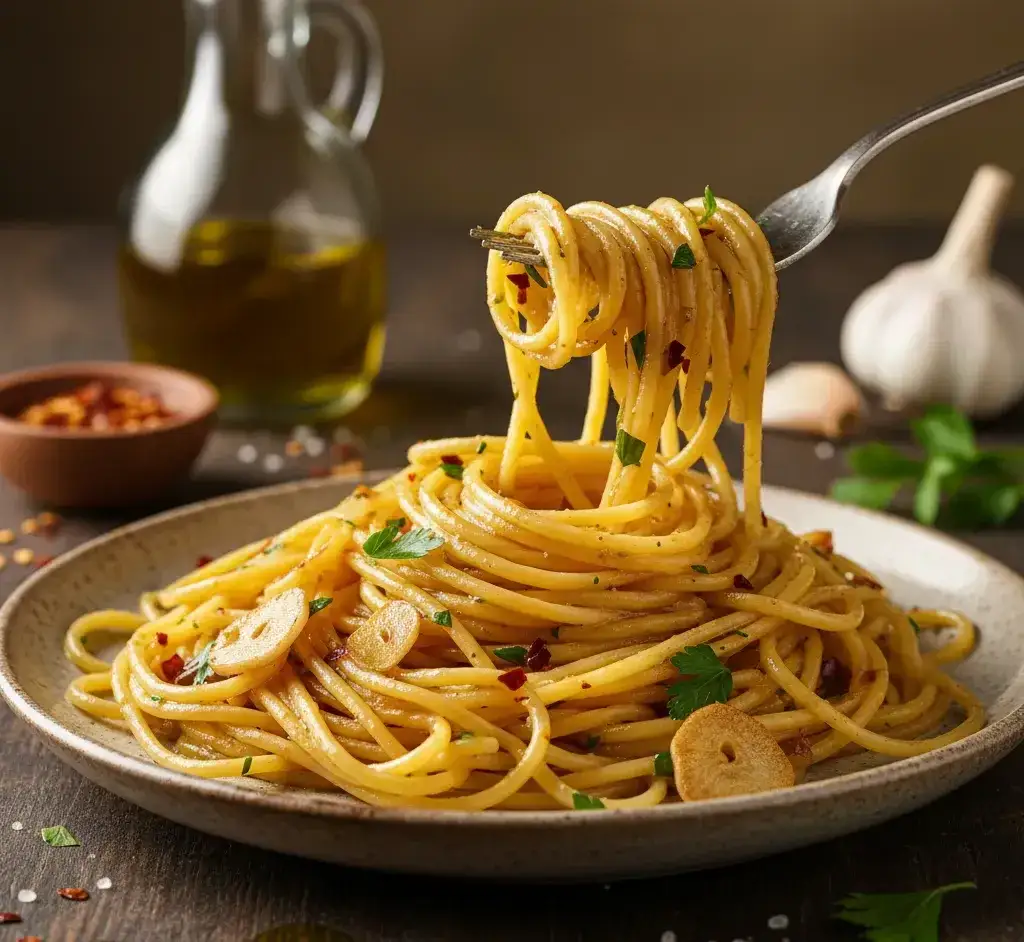 Wysokiej jakości oliwa extra virgin, świeży czosnek i makaron spaghetti