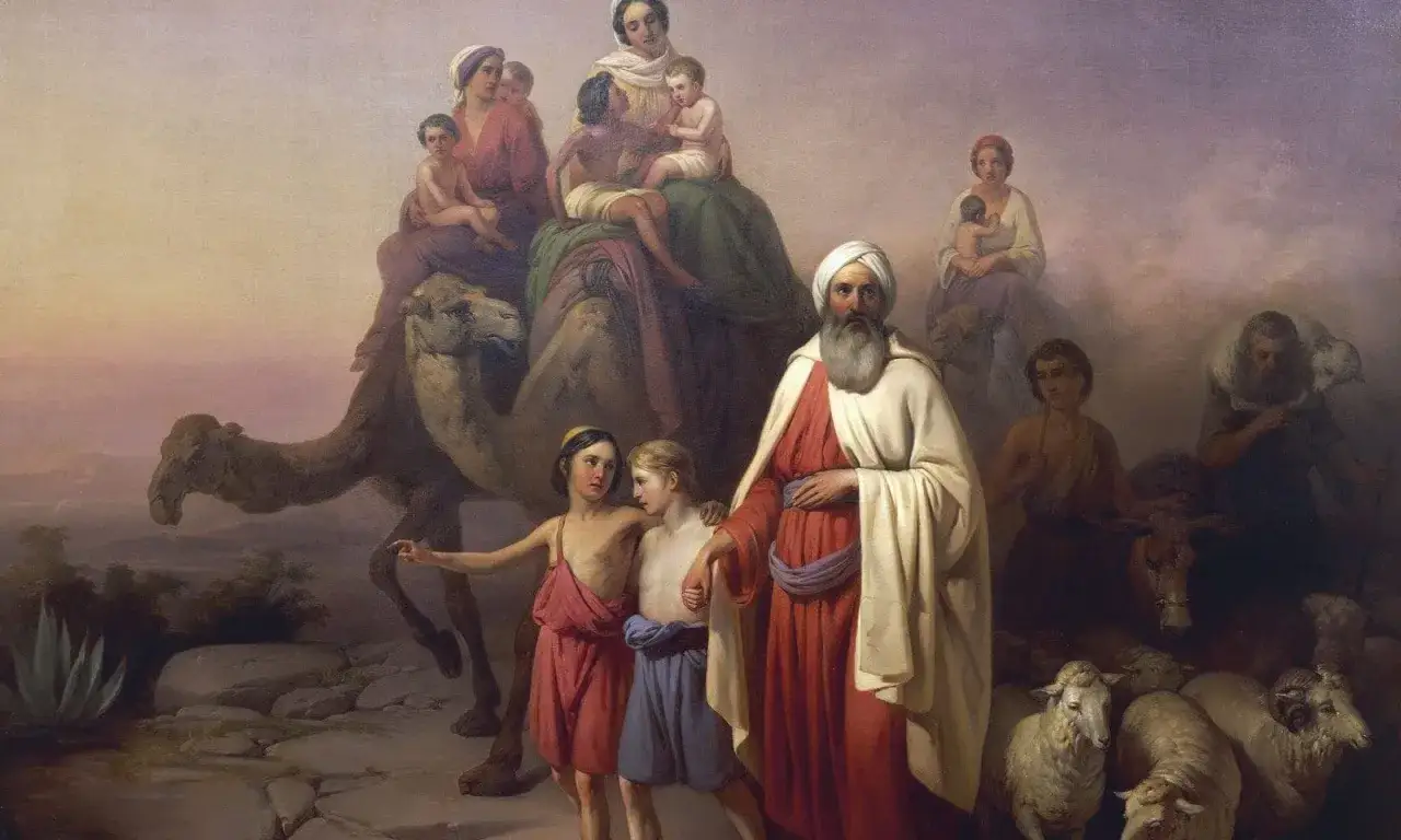 Ein biblischer Patriarch führt seine Familie und Herde durch die Wüste. Frauen und Kinder reiten auf Kamelen, während Schafe und Rinder folgen.