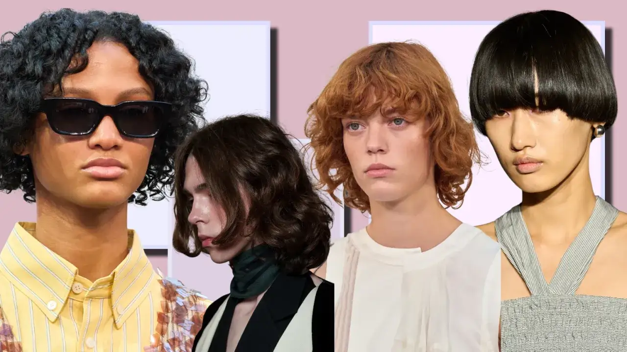 Vier Models mit verschiedenen Frisuren: lockiger Pixie Cut, schulterlanges Haar, rote Locken und ein Bob.