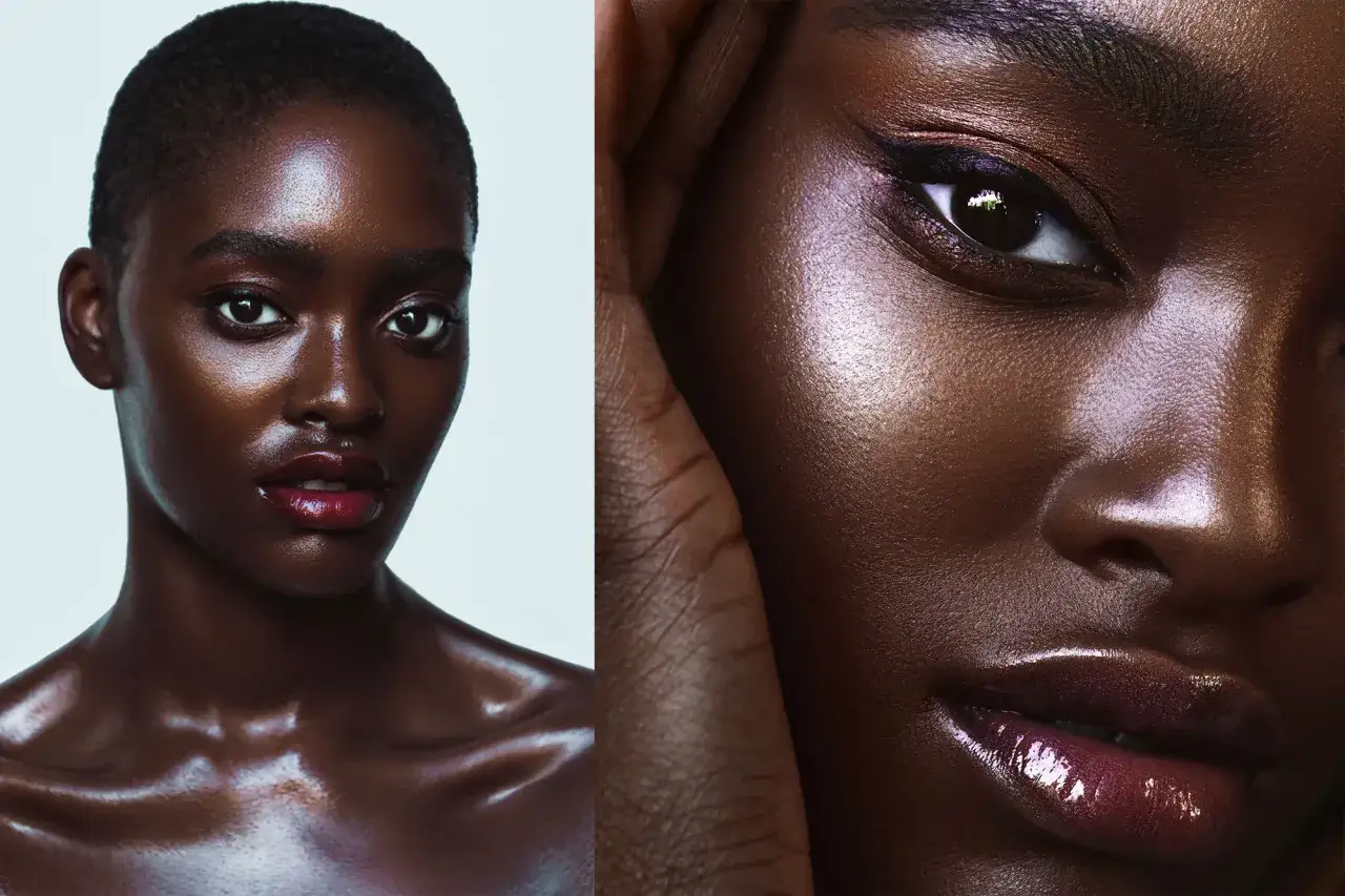 Portret kobiety z błyszczącą sk&oacute;rą i ciemnymi ustami. Fotografia beauty podkreśla naturalne piękno.