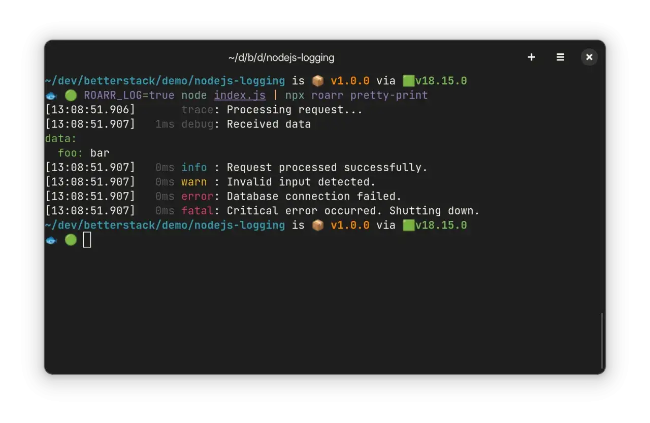 Terminal affichant les logs d'une application Node.js, avec des messages d'info, d'avertissement, d'erreur et fatals. L'outil `morgan npm` est utilis&eacute; pour le logging.