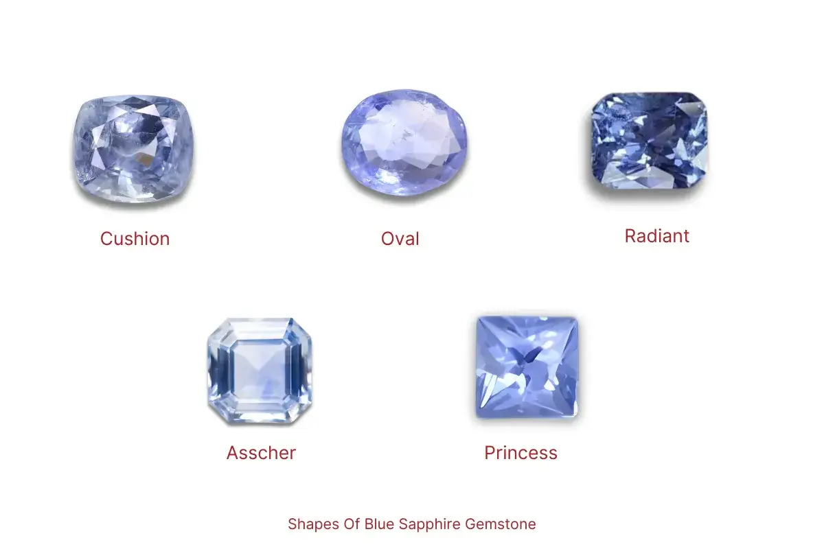 Pięć szlif&oacute;w niebieskiego kamienia szlachetnego: Cushion, Oval, Radiant, Asscher, Princess.