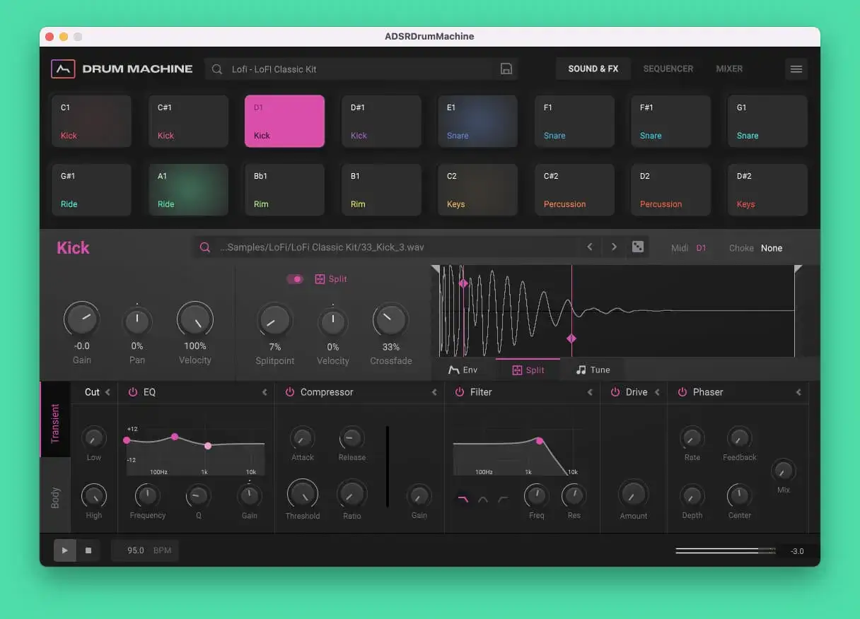 ADSR Drum Machine VST mit verschiedenen Drum-Sounds wie Kick, Snare und Percussion. Bearbeitung von EQ, Compressor und Filter.