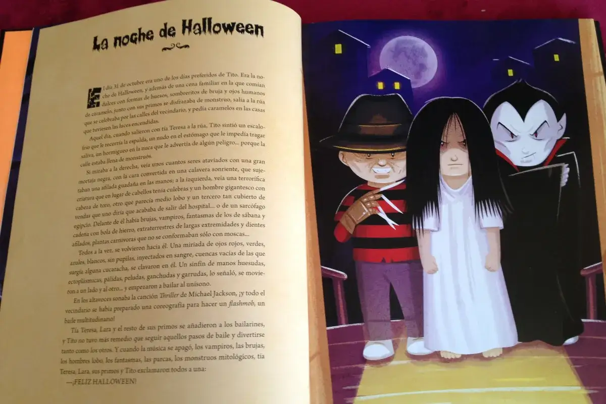 Ilustraci&oacute;n de Halloween con personajes ic&oacute;nicos: Freddy Krueger, Samara Morgan y un vampiro. Ideal para comprensi&oacute;n lectora de Halloween.