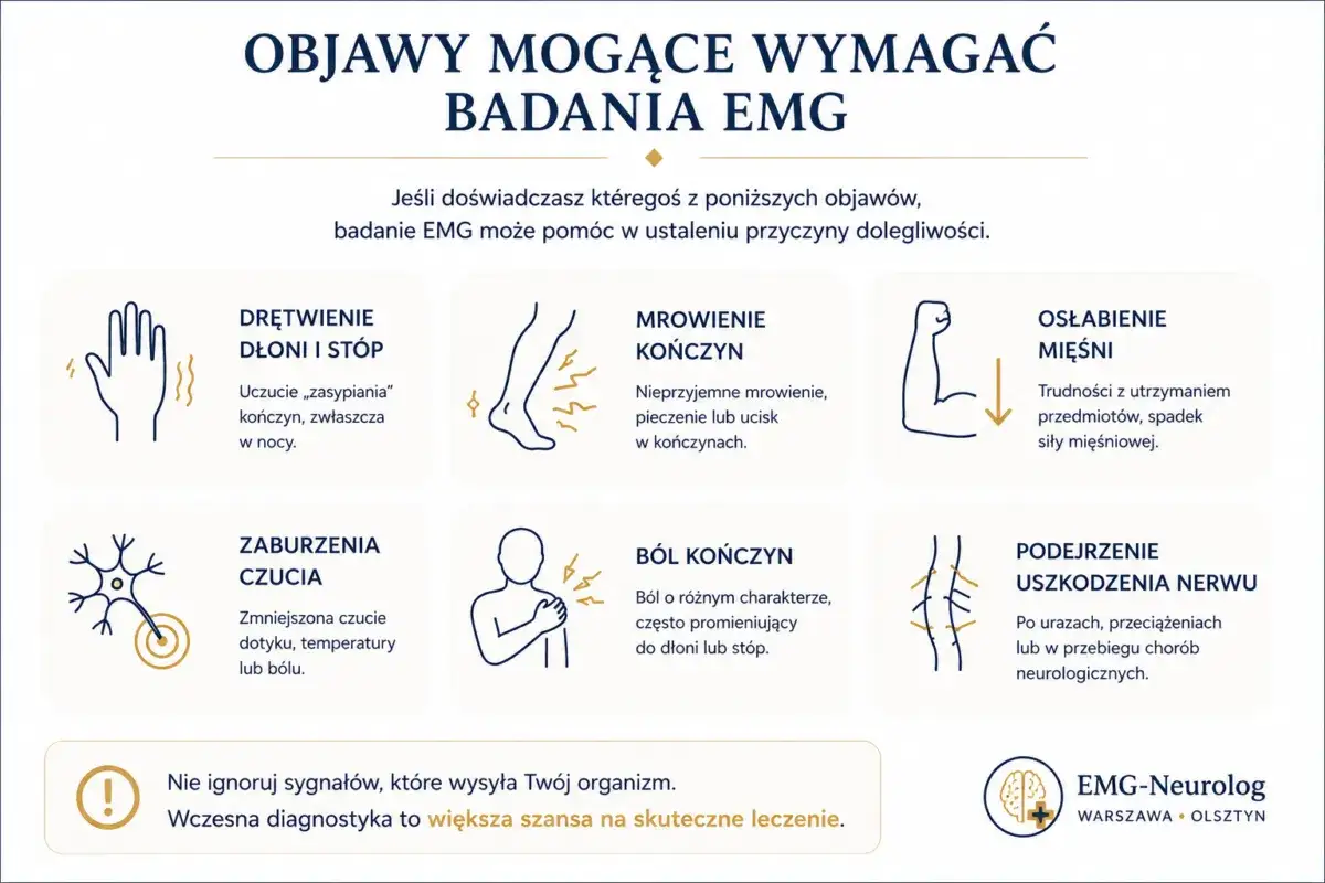 Objawy jak drętwienie, mrowienie, ból czy osłabienie mięśni mogą wskazywać na miopatię lub inne schorzenia. Badanie EMG pomoże ustalić przyczynę.