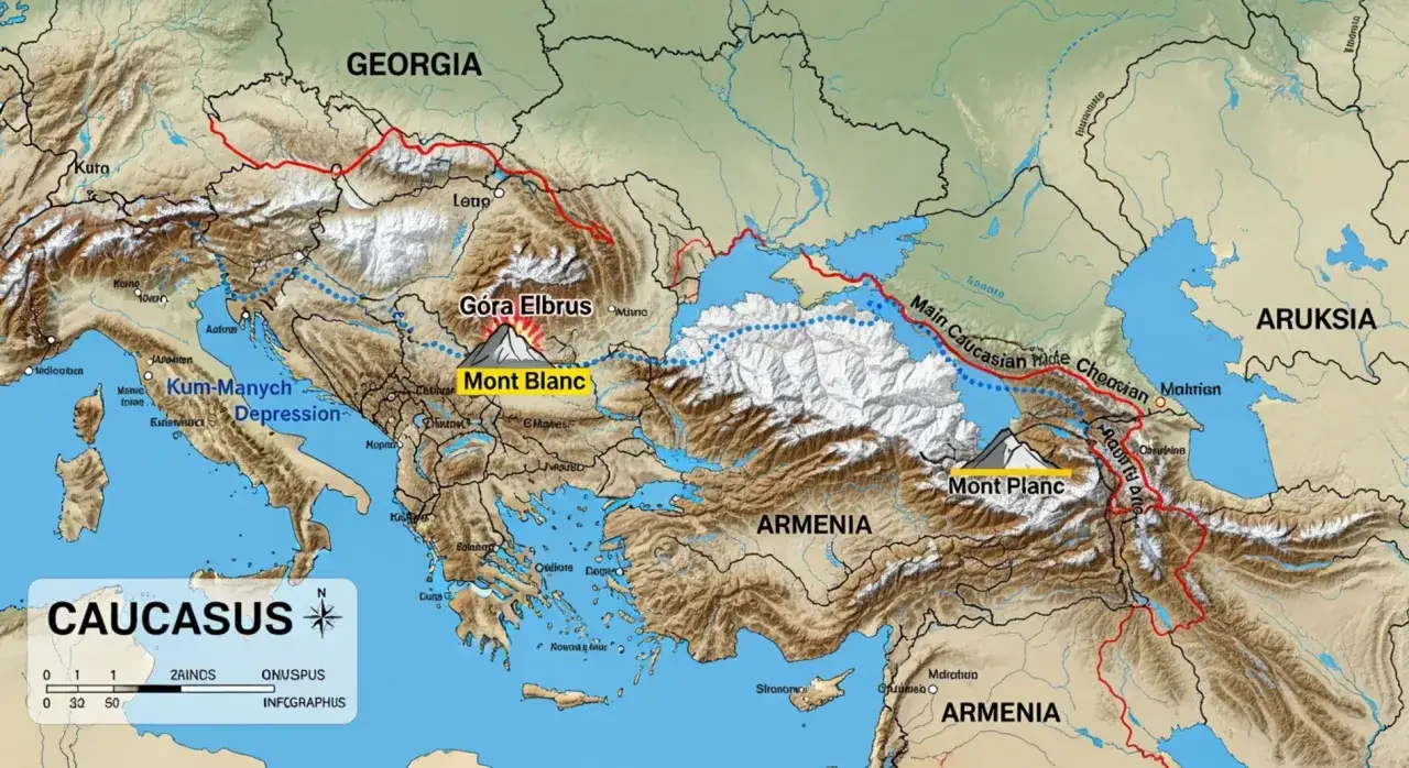 Mapa Kaukazu z zaznaczonymi Górami Elbrus i Mont Blanc. Pokazuje, gdzie leży Elbrus, w regionie Gruzji i Rosji.