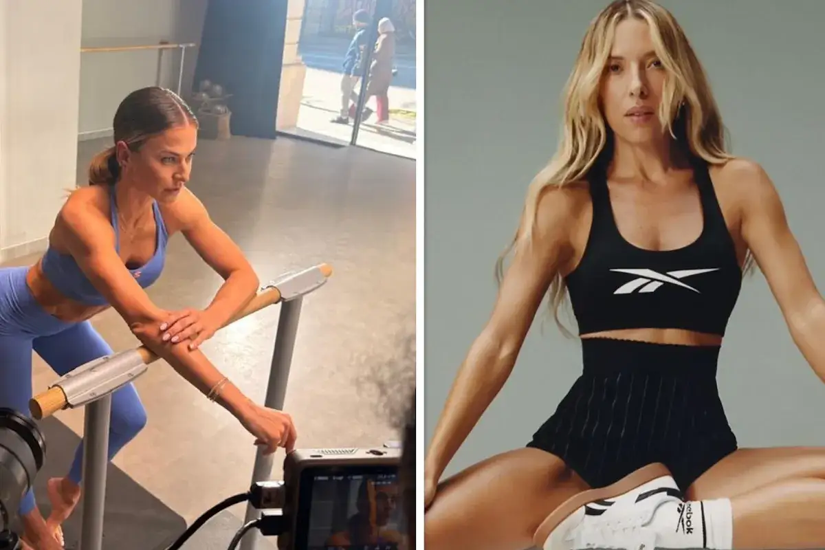 Kulisy kłótni dwóch trenerek fitness o prawa do nazwy autorskiego treningu. Jedna ćwiczy przy drążku, druga pozuje w sportowym stroju.