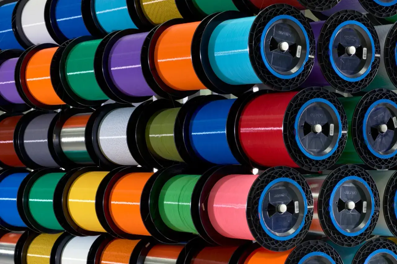 Reels of colorful glasfaser material, neatly stacked. Each spool holds a vibrant thread, promising fast connections.