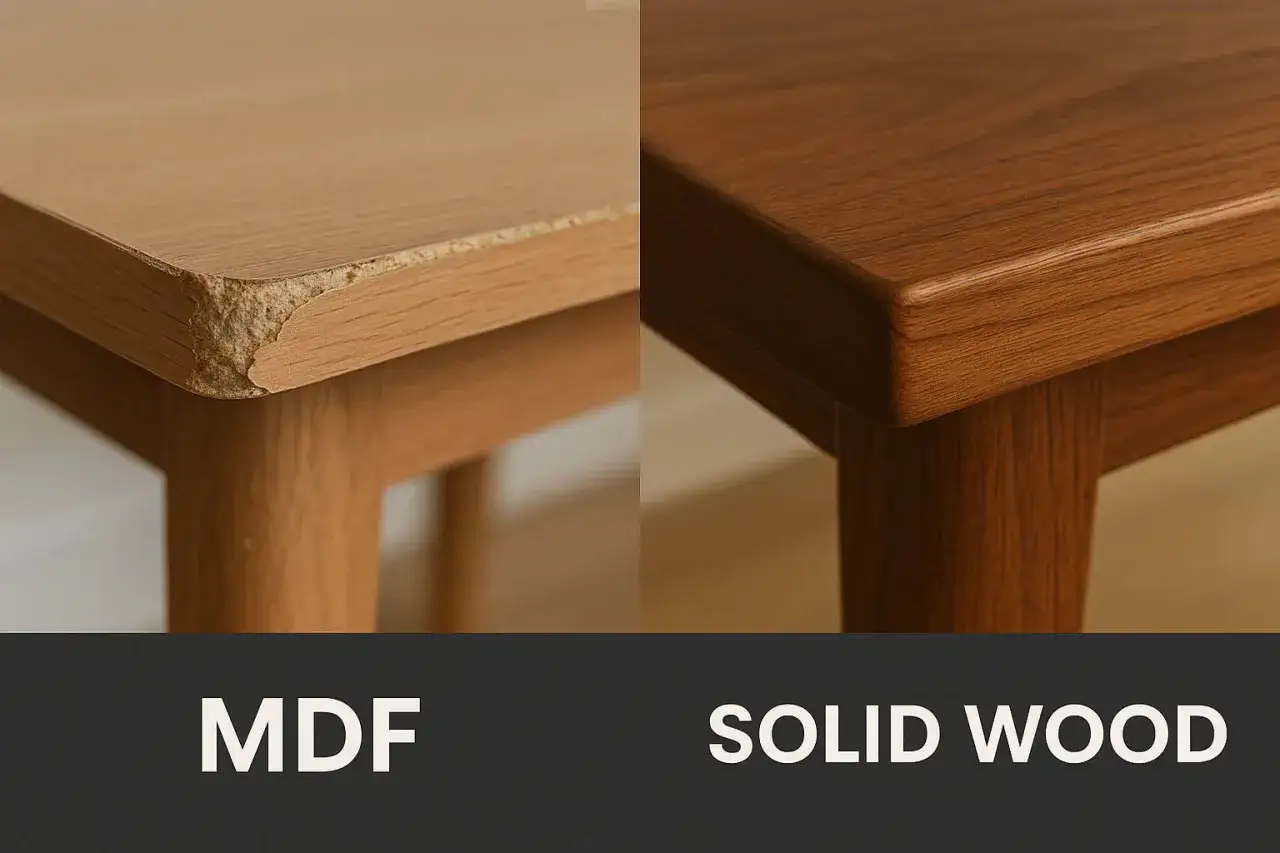 Left: damaged MDF edge. Right: smooth, rich solid wood edge. Is MDF real wood? No.