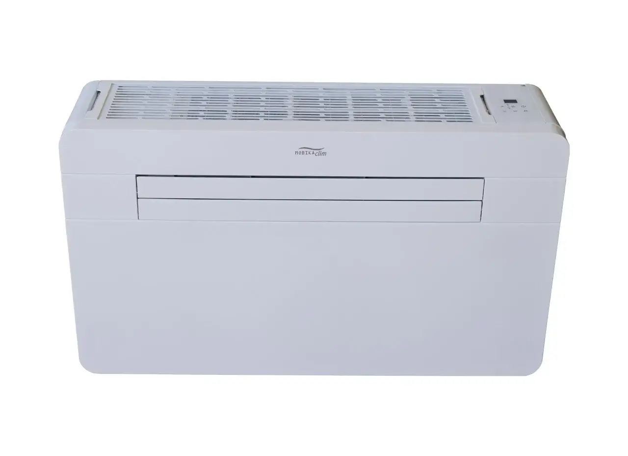 Climatiseur sans sortie extérieure, modèle Mobika clim, blanc, avec grille d'aération supérieure et façade avec volets.
