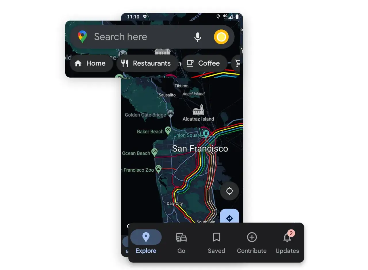Nawigacja na telefonie pokazuje mapę San Francisco z zaznaczonymi trasami. Widoczna jest wyszukiwarka i menu z opcjami
