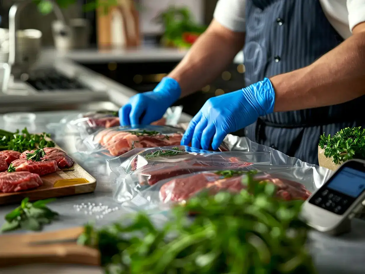 Mains bleues pr&eacute;parant de la viande cuite hors frigo 12h, sous vide, avec herbes fra&icirc;ches et appareil de cuisson.